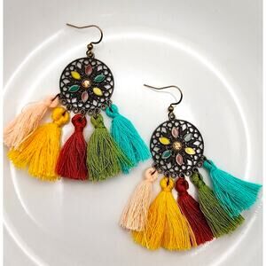 Mosaic Thread Multicolor Tassel Earrings